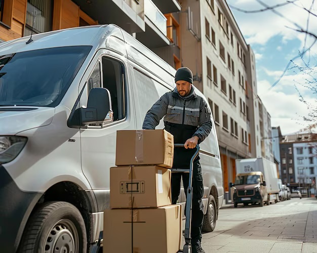 Courier unloading boxes from a delivery van with a hand truck on a city street