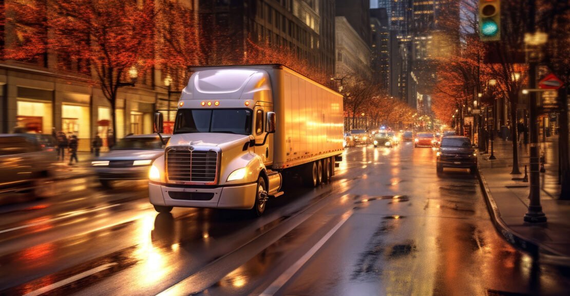 Transport truck driving through city traffic at dusk