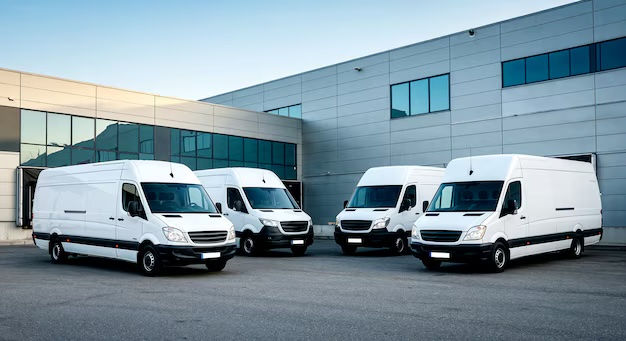 Four white delivery vans parked outside a warehouse