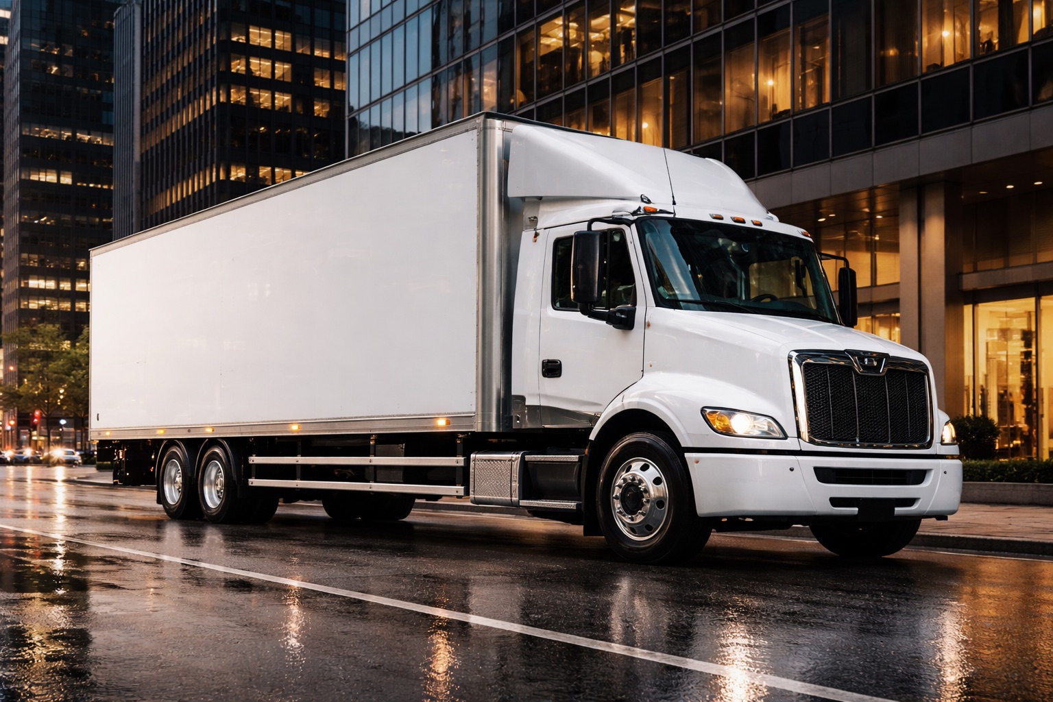 White TORQ tractor-trailer on a wet city street at dusk
